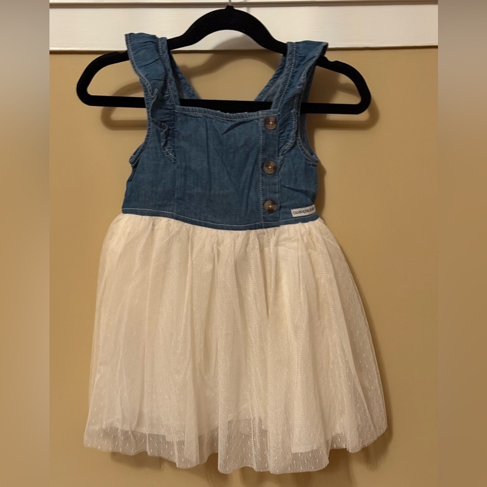Kids Calvin Klein Jeans Denim and Cream Lace Tulle Dress